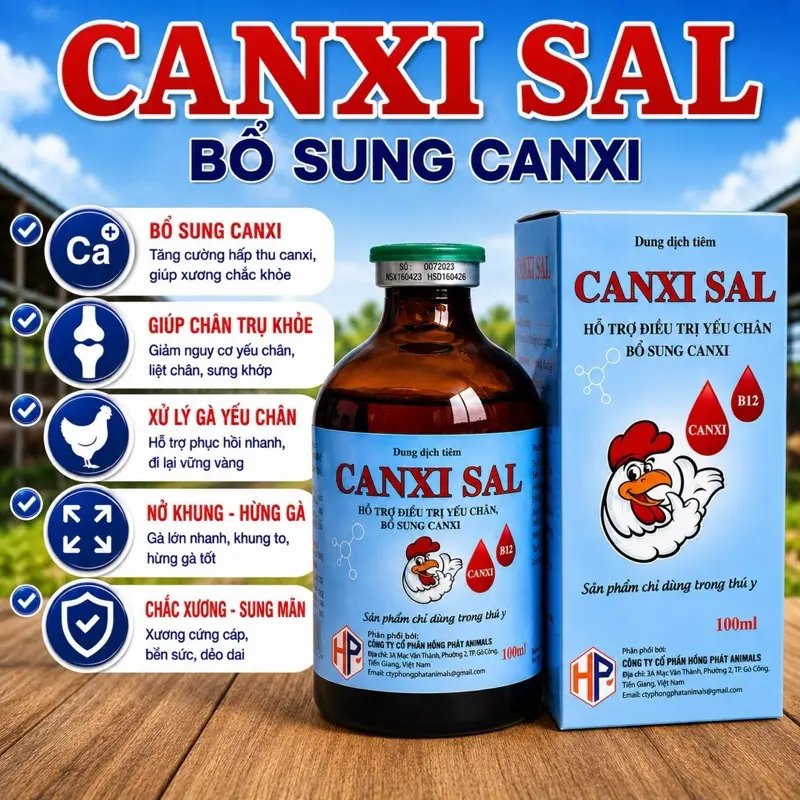 CANXISAL B12-CATOSALL dùng cho gà thiếu canxi, kích thích ăn mạnh, hạn chế yếu chân, khắc phục gà yếu chân trụ, tăng nước máu, chắc xương, bo tốt, nuôi gà tơ, nuôi gà định kì