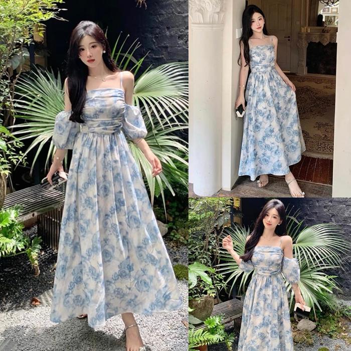 midi dress vintage korean sabrina D1585 MANDELA KOREAN STYLE FLORAL VINTAGE MIDI DRESS SABRINA PANTAI TANK  MANIS LIBURAN JUMBO - Soft Blue di Blessedstore 27