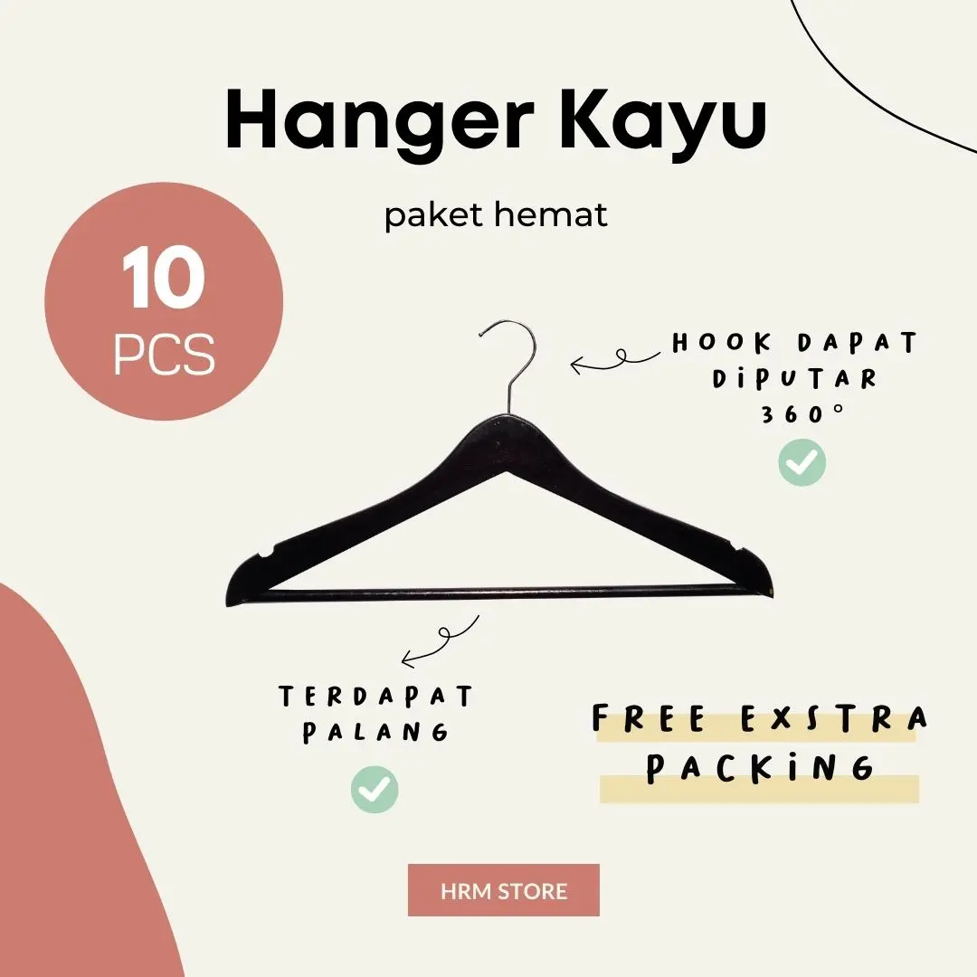 Paket 10 pcs Hanger Kayu  Aesthetic Palang Ukuran Dewasa Warna Hitam Untuk Display Pakaian Distro Butik