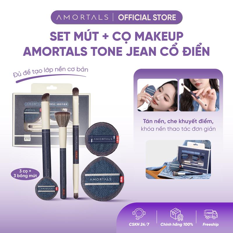  《DEAL LIMITED》 Set Cọ Và Bông Mút Trang Điểm AMORTALS Denim Jean Cổ Điển Cho Người Mới Bắt Đầu 6 Món 