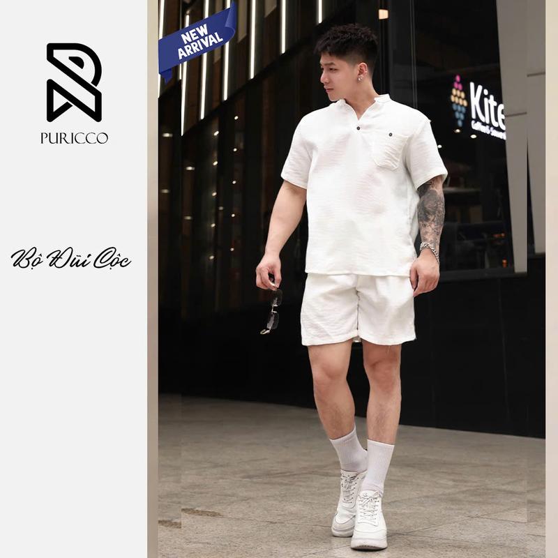 PR PURICCO Đồ Bộ Nam Set Đũi Cao Cấp Áo Sơ Mi Cộc Tay & Quần Short Mềm Mịn Thấm Hút Mồ Hôi Size M-4XL Phù Hợp Đi Biển Mùa Hè Màu Trắng