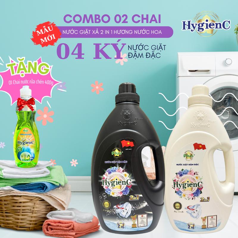 02 Chai nước giặt HyGienC Plus hương nước hoa làm sạch quần áo - Tặng kèm chai nước rửa chén 400g