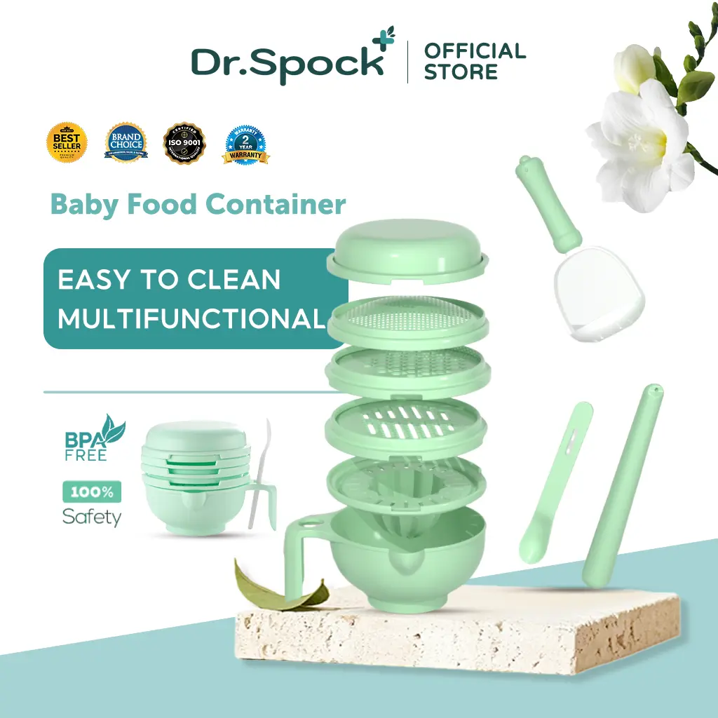 Dr.Spock 10 In 1 Multifungsi Grinding Bowl Baby Food Maker BPA Free Peralatan Makan Bayi Food Masher Bowl BF01 Blue Green Pink Putih peralatan  mpasi penghalus