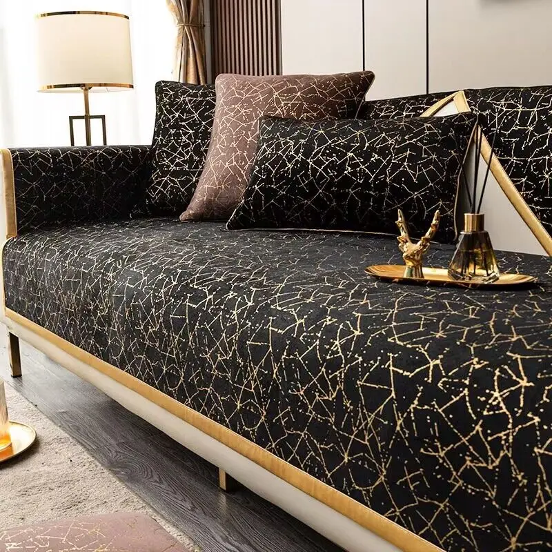 Black Gold Sofa Cover Modern Non-slip Cushion Anti Cat Scratching Sofa Chair Pad Satin Edging Recliner Cover Towel