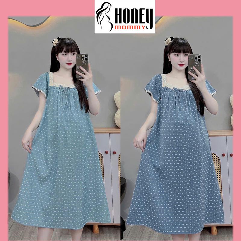 Đầm Bầu Váy Bầu Mùa Hè Vải Thô Mềm Dáng Xuông Cổ Vuông Viền Ren Họa Tiết Nơ Dễ Thương Mặc Đi Chơi HD3160 Honey Mommy