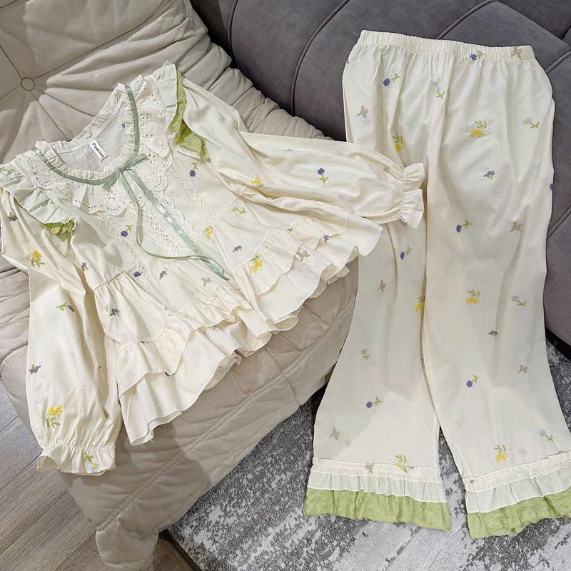  N423- Pijama bánh bèo tiểu thư hoa xanh đũi thô mềm cho nữ- Bộ ngủ mặc nhà hàng quảng châu cao cấp 