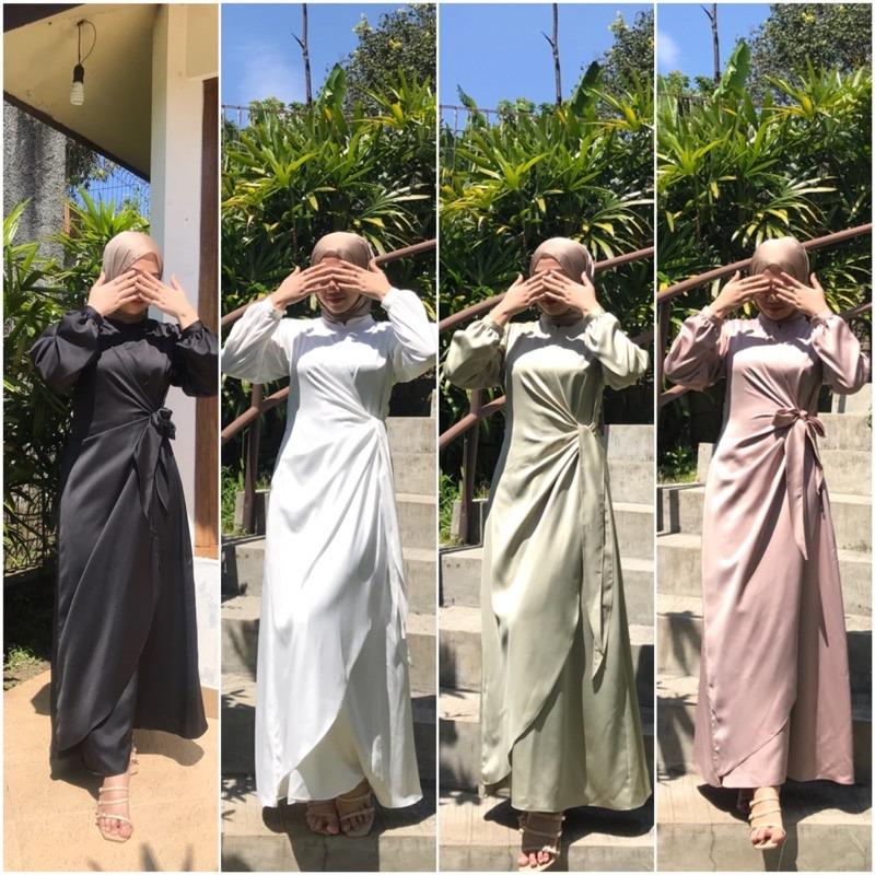 Abela Longdres Satin Silk Gamis Polos Tali Pita || Lengan Kerut Dres Maxi Remaja Gamis Kondangan Kikinian Seragam Bridesmaid 5
