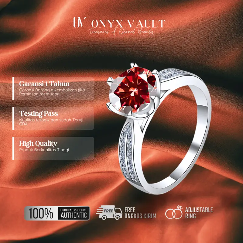 MiyuLight - [C10] Red Diamond, Cincin Wanita Adjustable Platinum Permata Diamond untuk Model Couple Serasi Jewelry 1