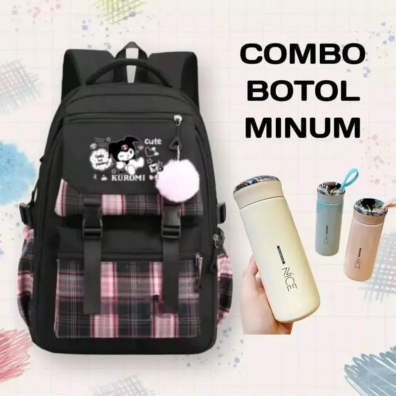 Tas Ransel Anak Perempuan Kuromi Bags Tas Sekolah Free Botol Minuman Nano Spay Jam Tangan Gantungan Lucu BISA COD Fashion Sekolah Wanita Aksesoris 5