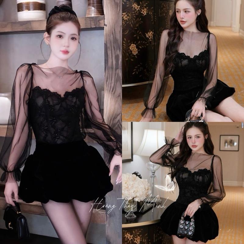  S7- CÓ MÚT  Set 3 Món Rời Áo Ren Choàng Lưới Mịn Kèm Váy Bí Nhung Cao Cấp Tiểu Thư-HoangThuyMinh77 