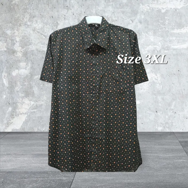 Kemeja Pria Motif Triangle Lengan Pendek keren bahan dingin Formal Katun Kantor Hitam 5