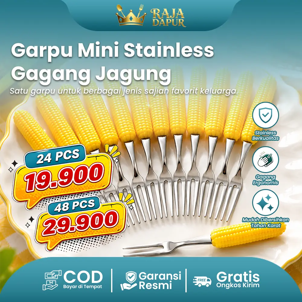 RAJA DAPUR Set garpu mini isi 48 pcs Garpu Jagung berbahan stainless steel untuk hidangan penutup dan buah, dengan gagang plastik, harga terjangkau.