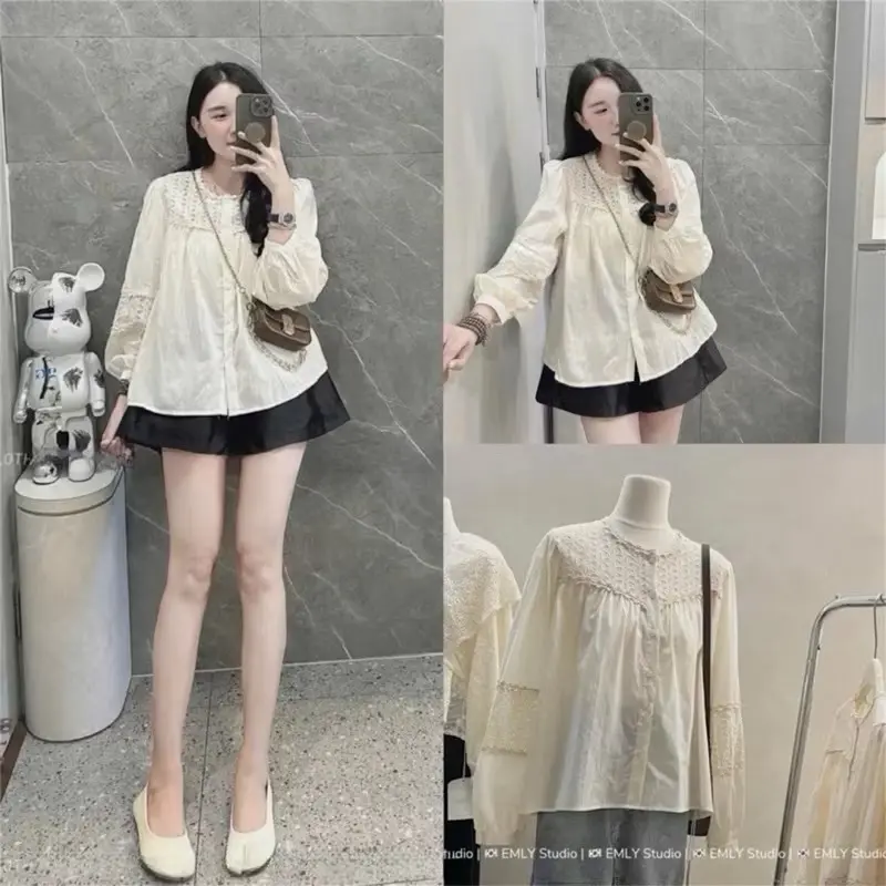 Áo sơmi thô boi phối ren hoa cổ viền dài tay dáng babydoll hàng QC L1 top WOMEN