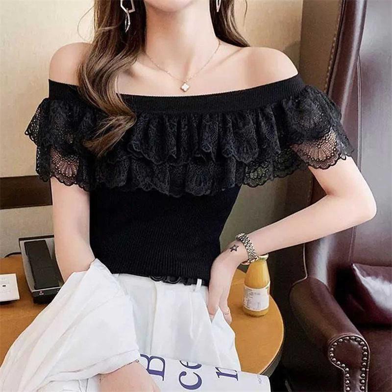 Áo Thun Thường Ngày Gợi Cảm, Chất Liệu Gạc Chắp Vá, ngắn Tay, Thiết Kế Trễ Vai Và Xẻ Tà, Dáng Ôm, Thích Hợp Cho Mùa Hè 4