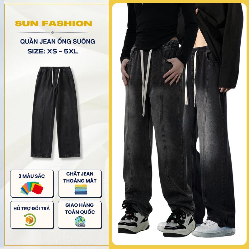 Quần jean nam nữ phối line ống rộng SUN 03 ĐEN KHÓI quần cạp chun chất jean mềm thoải mái vận động cá tính năng động Menswear Pants Có Túi