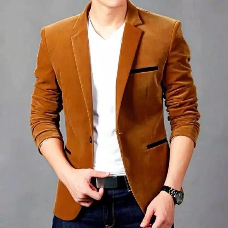 Blazer Casual Pria Style Korea - Jaket Formal Panjang Hitam Slim Fit - Cardigan, Kantor, Dewasa, Pria Keren Semi Cowok Kerja Putih 3