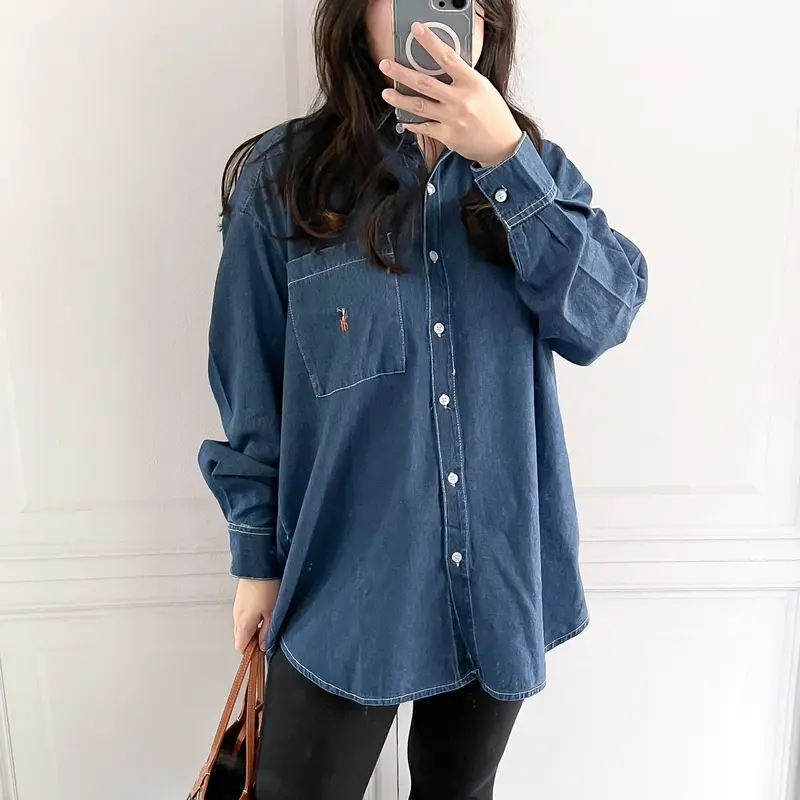 KEMEJA WANITA PLO BORDIR KUDA KATUN STRIPES DENIM  Baju LENGAN  Panjang Formal Atasan Oversize olop 4