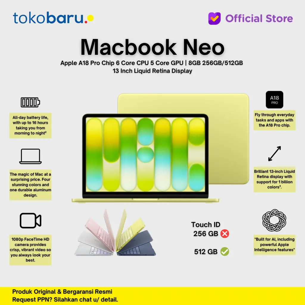 APPLE Macbook Neo A18 Pro Chip 2026 5-Core GPU 6-Core CPU 13.6" Resmi Indonesia