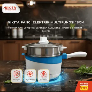 NIKITA Panci Elektrik Multifungsi 18cm | Teflon Anti Lengket + Sarangan Kukusan | Portable & Hemat Listrik | Cocok untuk Kos, Asrama & Traveling