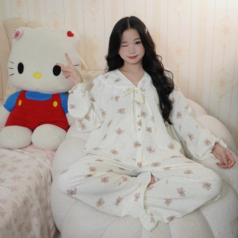 bộ ngủ DÀI TAY nữ tiểu thư cổ ren vải đũi bông mây mùa hè mặc đi ngủ mát mẻ thoải mái Women Quần Ngủ Áo Ngủ Cotton