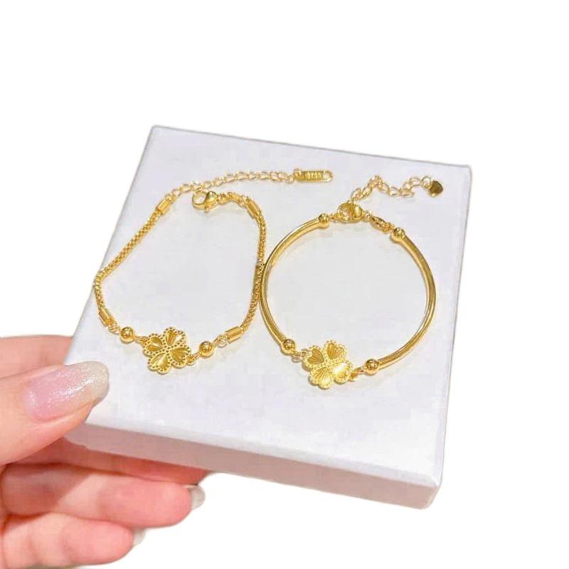 Lắc tay cỏ 4 lá sợi bện chất liệu titan cao cấp tiếp xúc nước thoải mái không gỉ mạ vàng 18k lấp lánh thời trang sang trọng dành cho nữ không đen hoen gỉ không gây dị ứng da bền màu 1-2 năm women trang sức phụ kiện