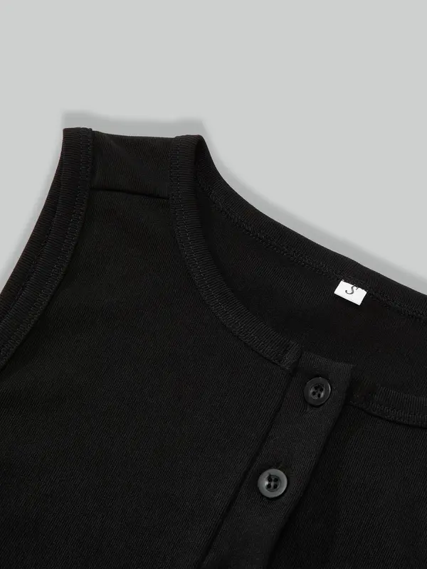 Women's Solid Color Front Buckle Crop Vest, Casual Sleeveless Ribbed Crop Top for Summer Daily Wear, Ladies Clothes for All Seasons 3