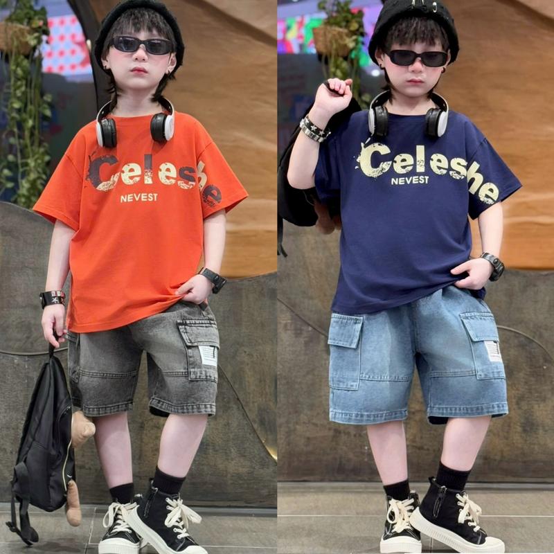 | Tiến Yến Kids | Set áo thun chữ Celeshe + quần short jean túi hộp – Thời trang street style bé trai – Form rộng năng động – Size từ 12-45kg setbodochobe 2025