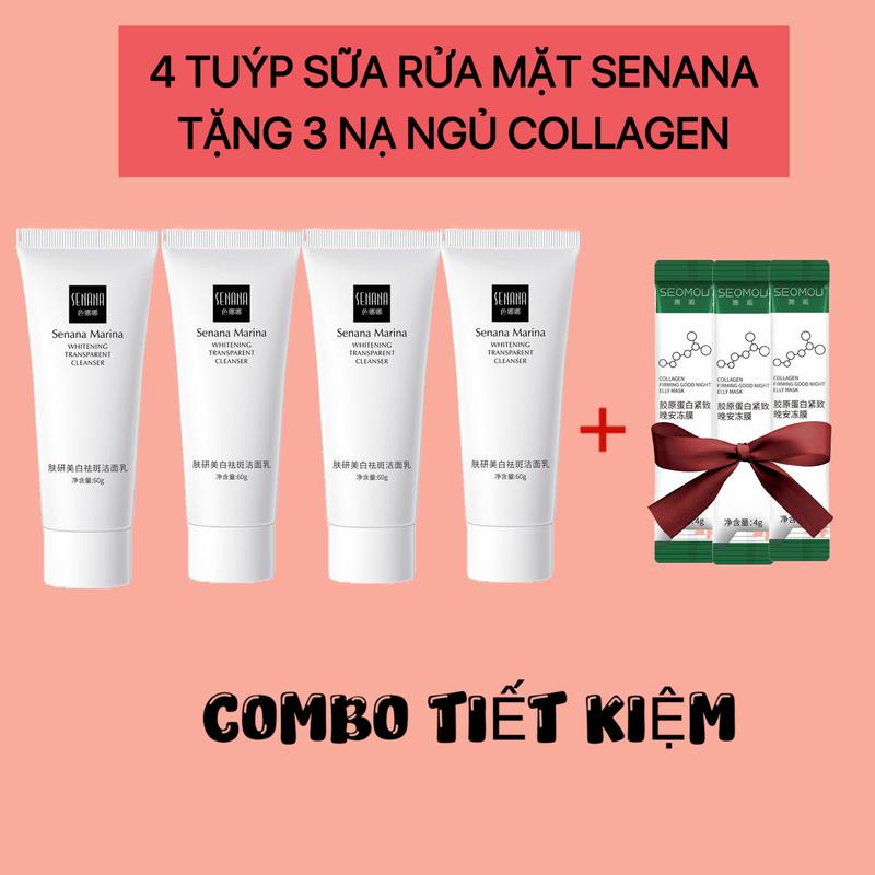 4 Sữa rửa mặt trắng sáng SENANA hỗ trợ làm sạch sáng da giảm mụn tặng 3 nạ ngủ collagen, dưỡng ẩm da mặt Skincare Cho Bé Women Nữ 60gram Làm Đẹp Da Tea Trà srm srm cho da dầu mụn sữa rửa mặt dành  cho da khô sữa rửa mặt sữa rửa mặt dịu nhẹ