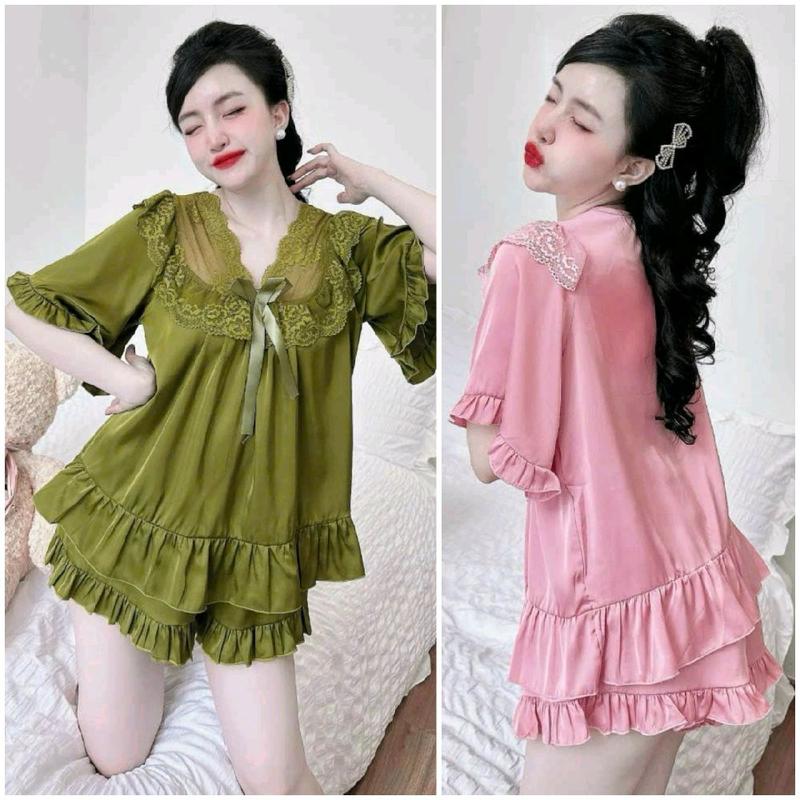 Đồ Ngủ Mặc Nhà Pyjama - Tiểu Thư Cổ Viền Ren Nơ Xinh Xắn - Mẫu Babydoll tay ngắn quần đùi Bigsize dưới 70kg