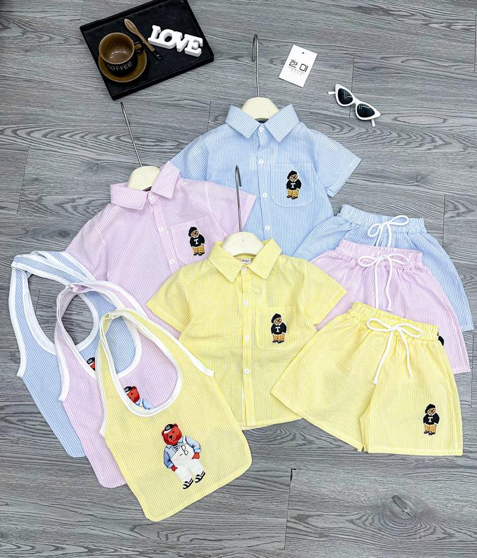 (Kèm Túi  Vải) 7-25kg Set Sơ mi Đi Học Cộc Tay kẻ 3 màu- Chất thô hàn mềm mát-Bao giặt máy cho bé TRAi BE gái