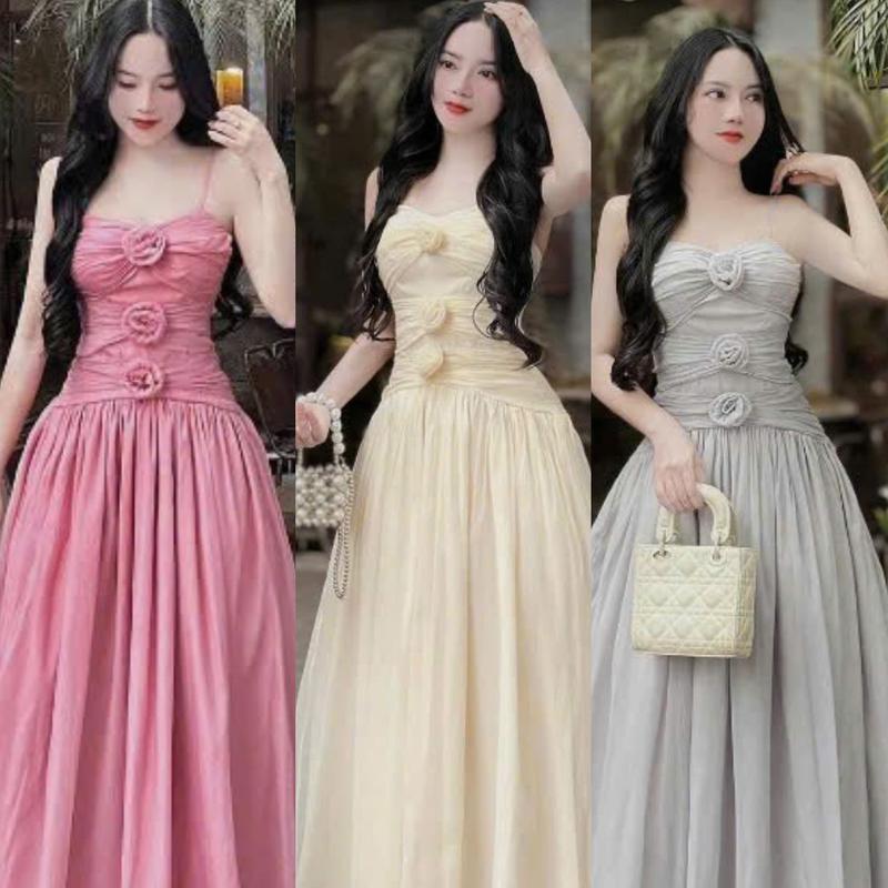 Sét đầm váy nữ tơ nến 2 lớp thiết kế 2 dây cổ yếm kết 3 bông mix chân váy xòe dài xinh xắn dành cho các nàng diện đi chơi đi tiệc 0