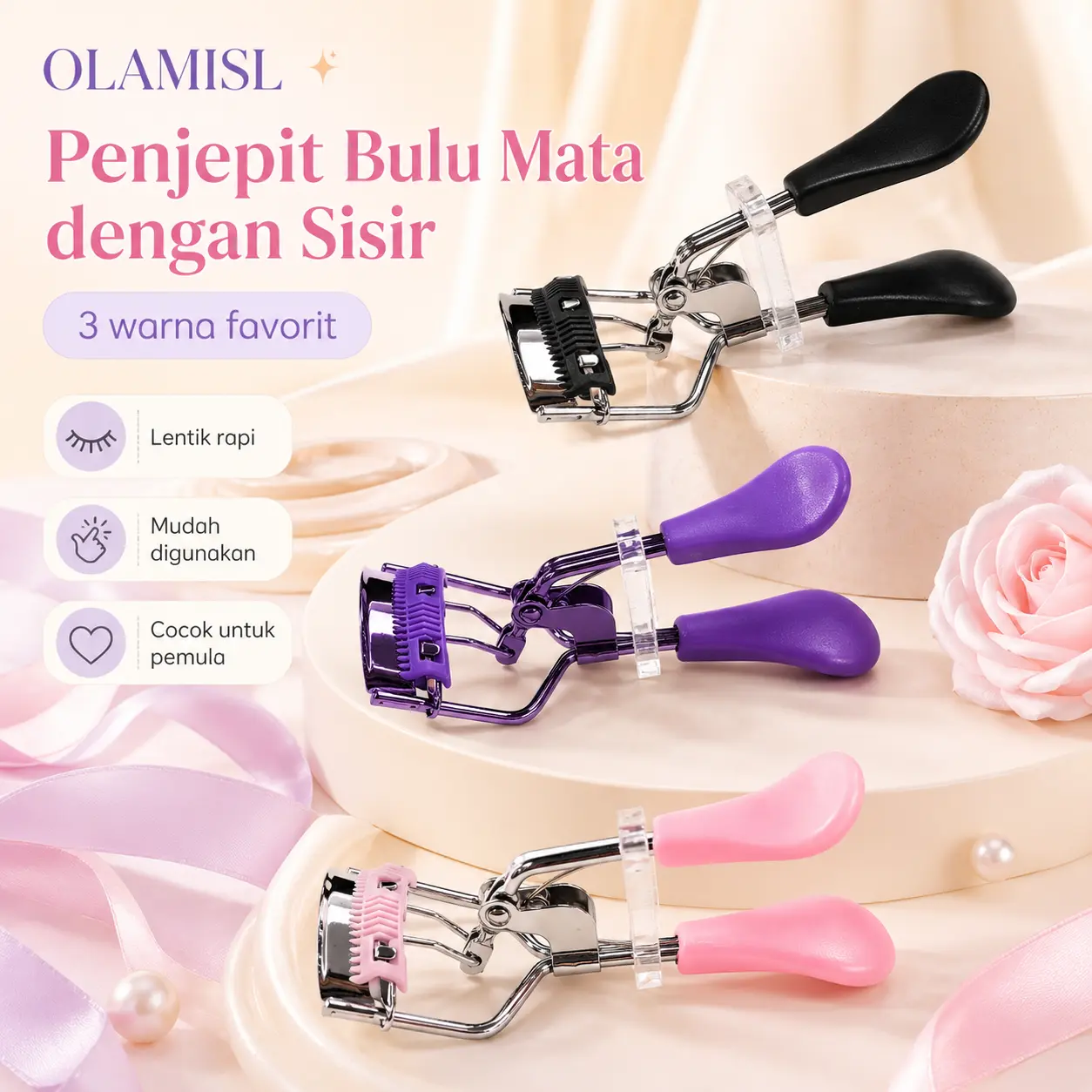 OLAMISL Eyelash Curler dengan Sisir, Bulu Mata Lentik Natural, Tidak Mudah Menggumpal, Mudah Dipakai