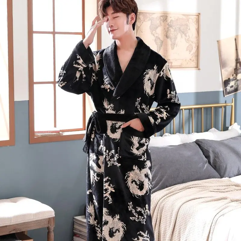Firstrich-Flannel Nightgown Men's and Women's Pajamas Couple Bathrobe Long Autumn and Winter Dragon Robe Thick Coral Fleece Bathrobe Home Wear