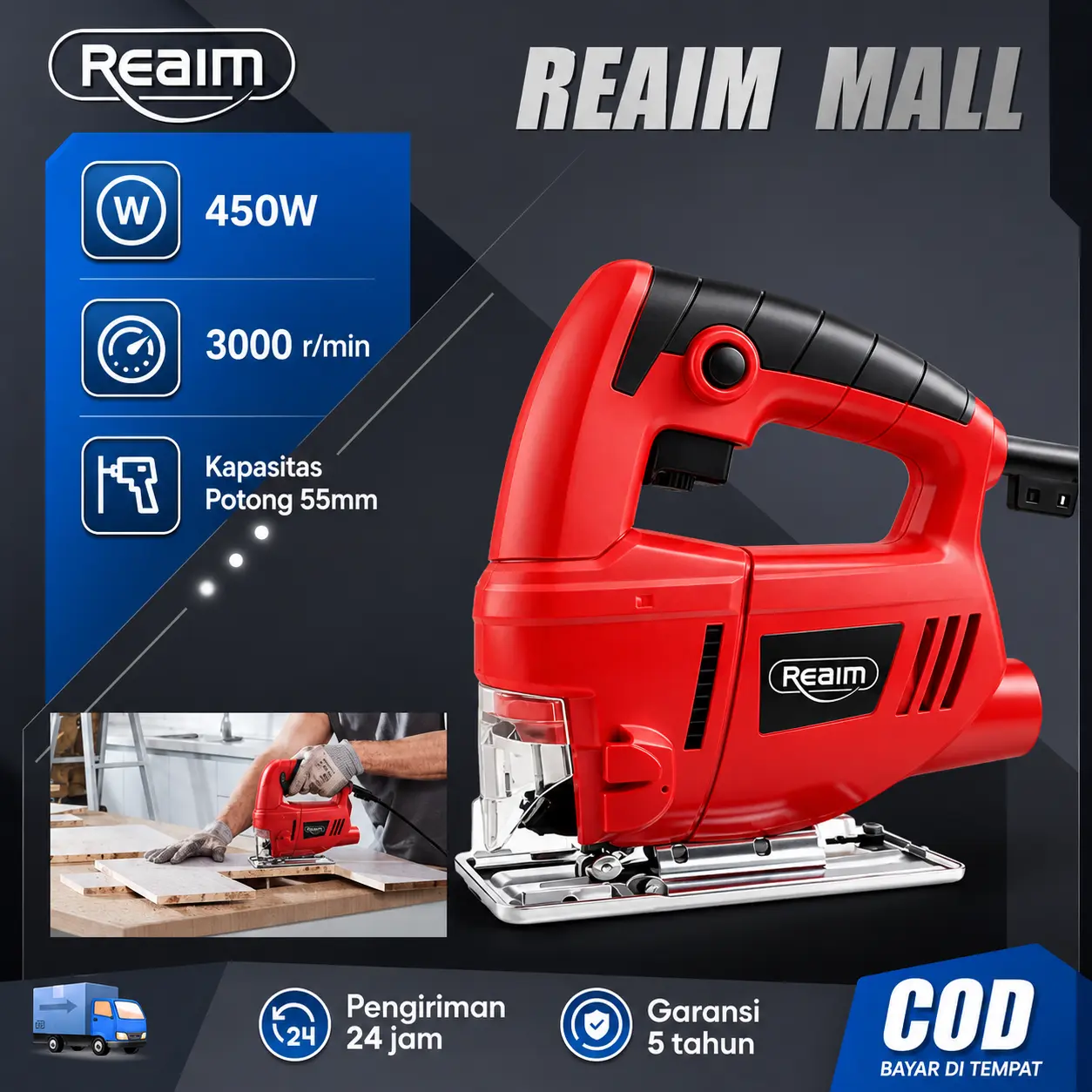 REAIM Gergaji Listrik Jigsaw 450W Mesin Gergaji Listrik Untuk Potong Kayu Papan Alat Potong Kayu Jigsaw Listrik Untuk Tukang Kayu Proyek Rumah DIY Bengkel Kuat Stabil Presisi Tinggi Tahan Lama Praktis Garansi 5 Tahun