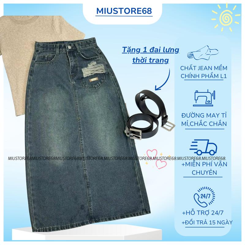   TẶNG ĐAI  Chân Váy Jean Dáng Dài Rách Nửa Túi Mác Denim  Chân Váy Chữ A Lưng Cao Vải Jean Mềm Cao Cấp M012 Women Voan Voi 