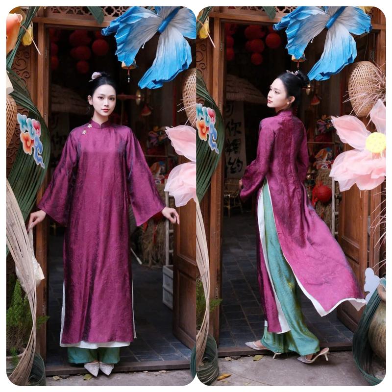 Áo dài Voan tơ óng 4 tà cổ cao màu ĐỎ – Sang trọng-Áo dài Tết Xinh-TS02