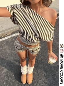 Conjunto casual para mujer: top con rayas asimétricas y shorts de cintura alta, prenda esencial para el día a día, cómodo y elegante para uso diario