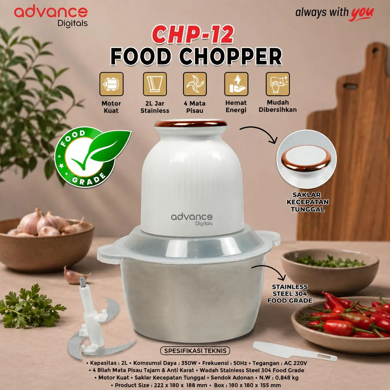 【COD】CHP-12 CHP-06 CHP-18 Chopper Listrik Penggiling Daging / Makanan Garansi Resmi 1 Tahun Mata Pisau Stainless