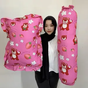 ( 1 Set ) Bantal & Guling Cinta Rumbai Full Set Dengan Sarung Motif Lucu , Uk Bantal 45x65  cm & Guling 90 cm