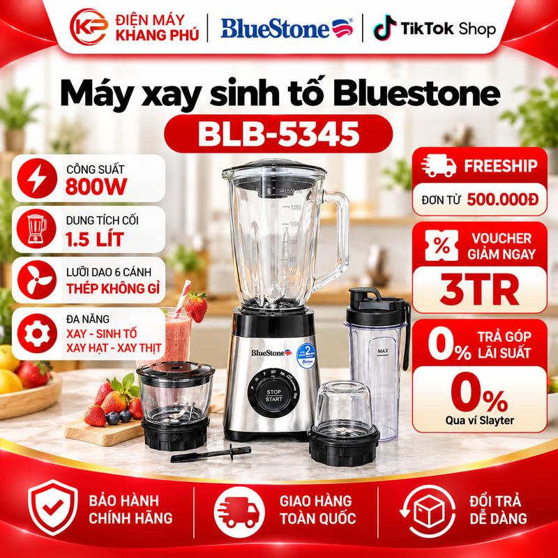 [BH 2 Năm] Máy xay sinh tố BlueStone BLB-5345 - 4 Cối Xay Đa Năng, 800W 1,5 Lít, Xay Mạnh, Tiện Lợi, Dễ Vệ Sinh xaysuahat