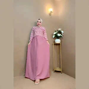 Gamis AUFA Crincle Kombinasi Kotak - Busana Muslim Wanita - Dewasa, Crinkle, Remaja, Rayon, Dress, Syari, Lebaran, Airflow Nyaman Panjang Kancing Mocca Casual Maxi