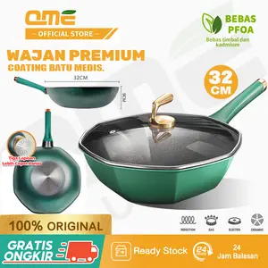QME- Wajan Penggorengan Premium Persegi Delapan Maifan Stone 32cm Anti Lengket Double Bottom Kaca Panci  Stainless Kitchenware Steel