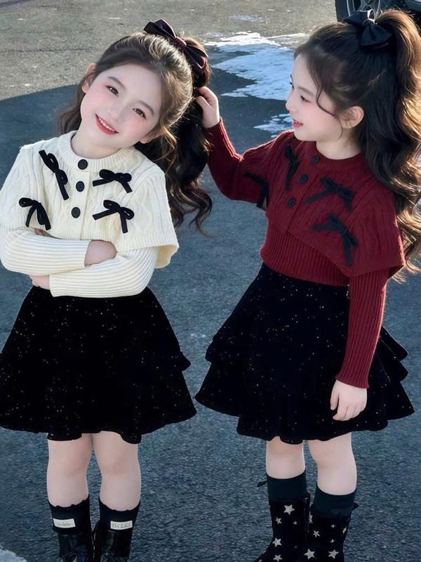  Set áo len nơ cổ bèo phối chân váy nhung xòe cho bé gái tiểu thư - Dưa Hấu Đỏ Shop 