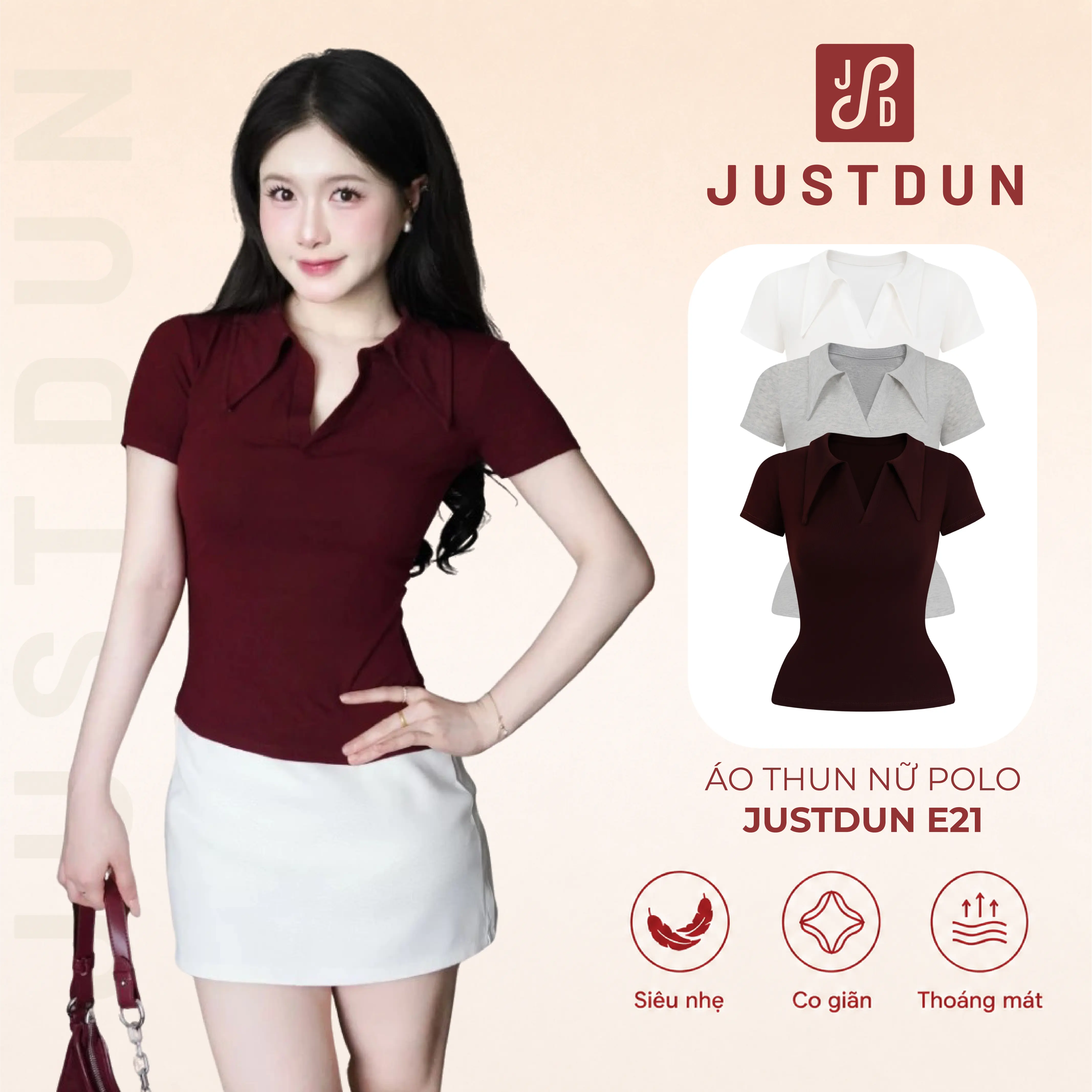 Áo Thun Nữ Polo JUSTDUN E21 – Cổ Sơ Mi Cotton Mịn Cao Cấp, Form Ôm Đẹp, Co Giãn Thoải Mái,Thanh Lịch