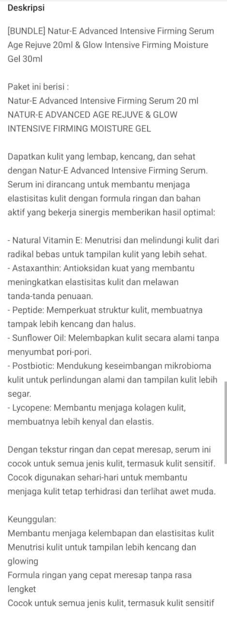 Product Introduction of Bundle Natur E Advanced Rejuve Intensive Firming Serum & Moisture Gel Aging 0