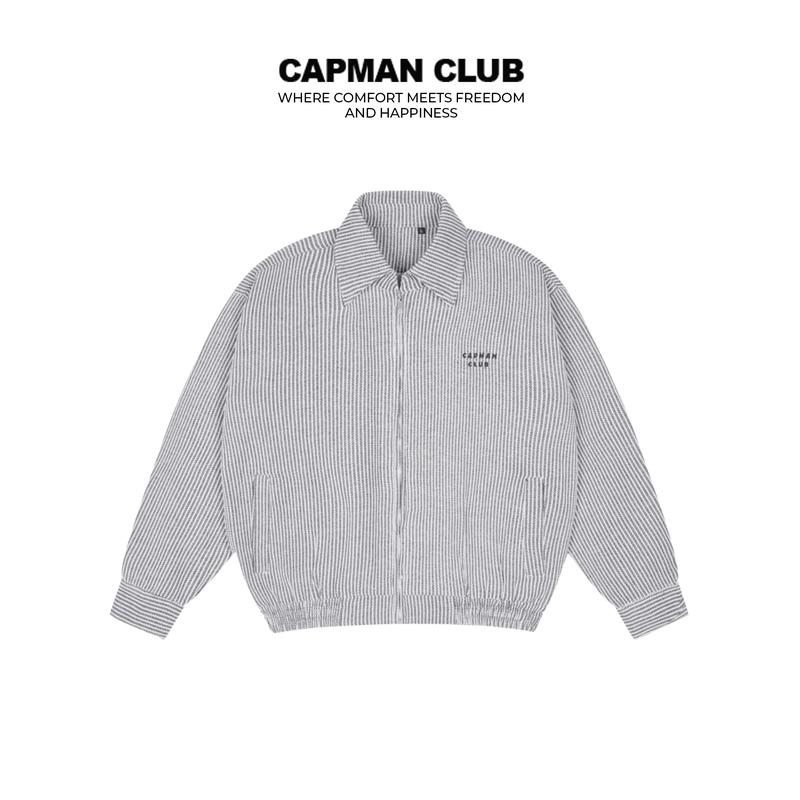 Áo khoác nam HURA phom rộng Boxy CAPMAN CLUB, họa tiết kẻ sọc trắng đen dáng lửng trẻ trung chất vải sọc gân mềm mại