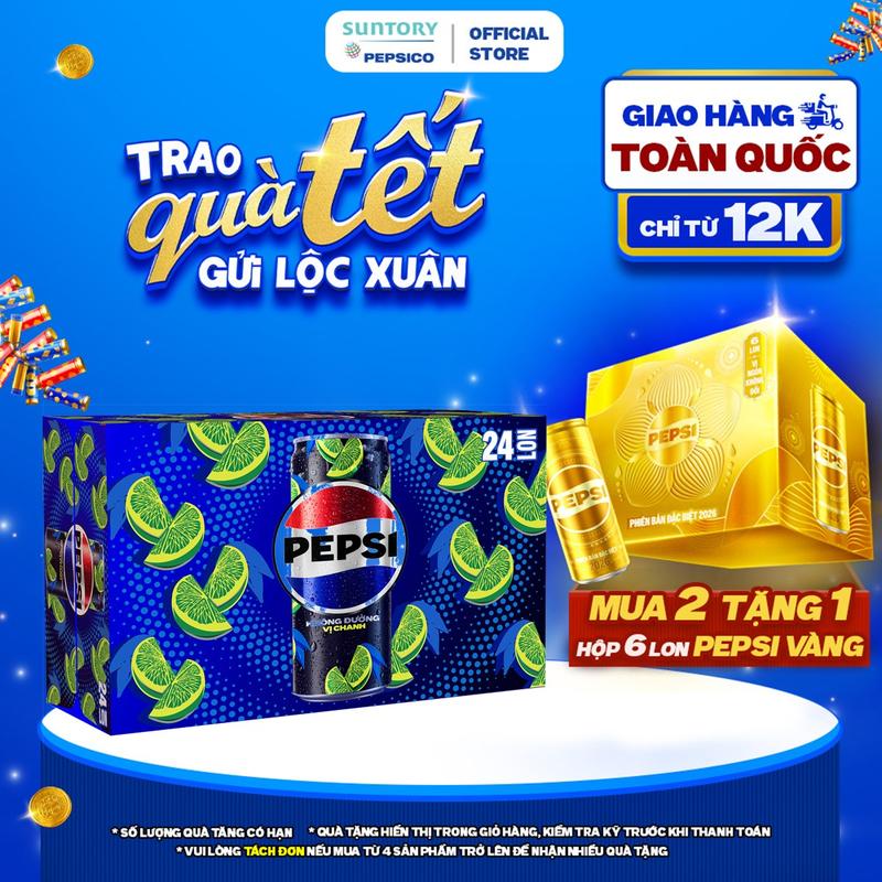   TẶNG PEPSI LON VÀNG  Thùng 24 Lon Nước Ngọt Giải Khát  Có Gaz Pepsi Vị Chanh Không Calo Không Đường  320ml lon  