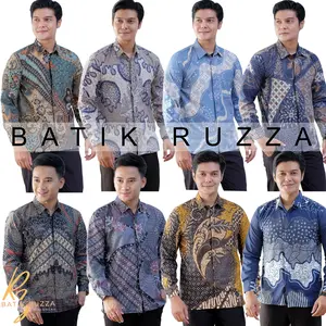 Kemeja Batik Pria Lengan Panjang Dewasa Motif Ruzza Warna Hitam Sage Denim Navy Abu