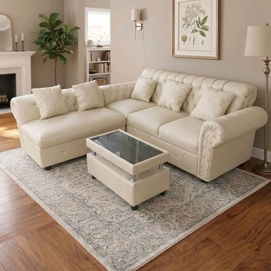 Sofa L Kancing minimalis Bahan Oscar Kulit Sintetis Set Sofa Terbaru Murah  Include Meja & 5 Bantal Desain Elegan Nyaman elegan bagus mewah