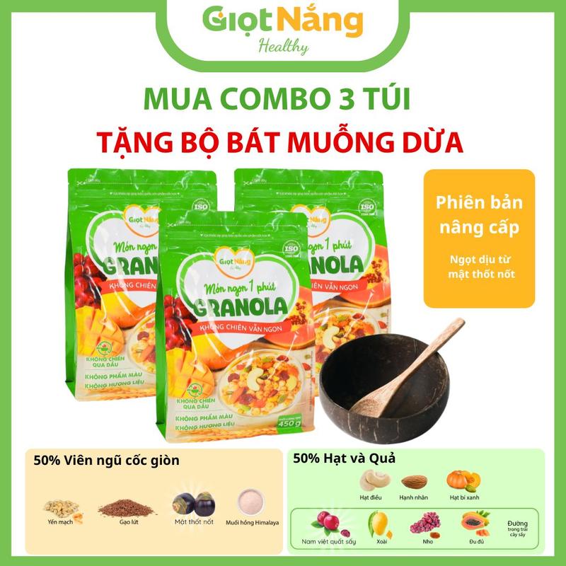 Tặng Bát Muỗng Dừa Combo 3 Túi Granola Mới Không Chiên Vẫn Ngon Giòn Với Viên Yến Mạch Trái Cây Từ Nông Sản Giọt Nắng